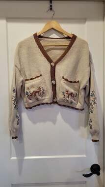 ROMWE Fairycore Fox and Flower Embroidery Cropped Cardigan Sweater, size L